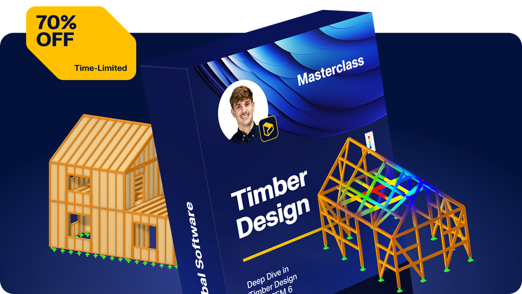 Promotional image for a Timber Design Masterclass course in RFEM 6, featuring timber building models, FEM stress results, and a time-limited 70% discount offer.