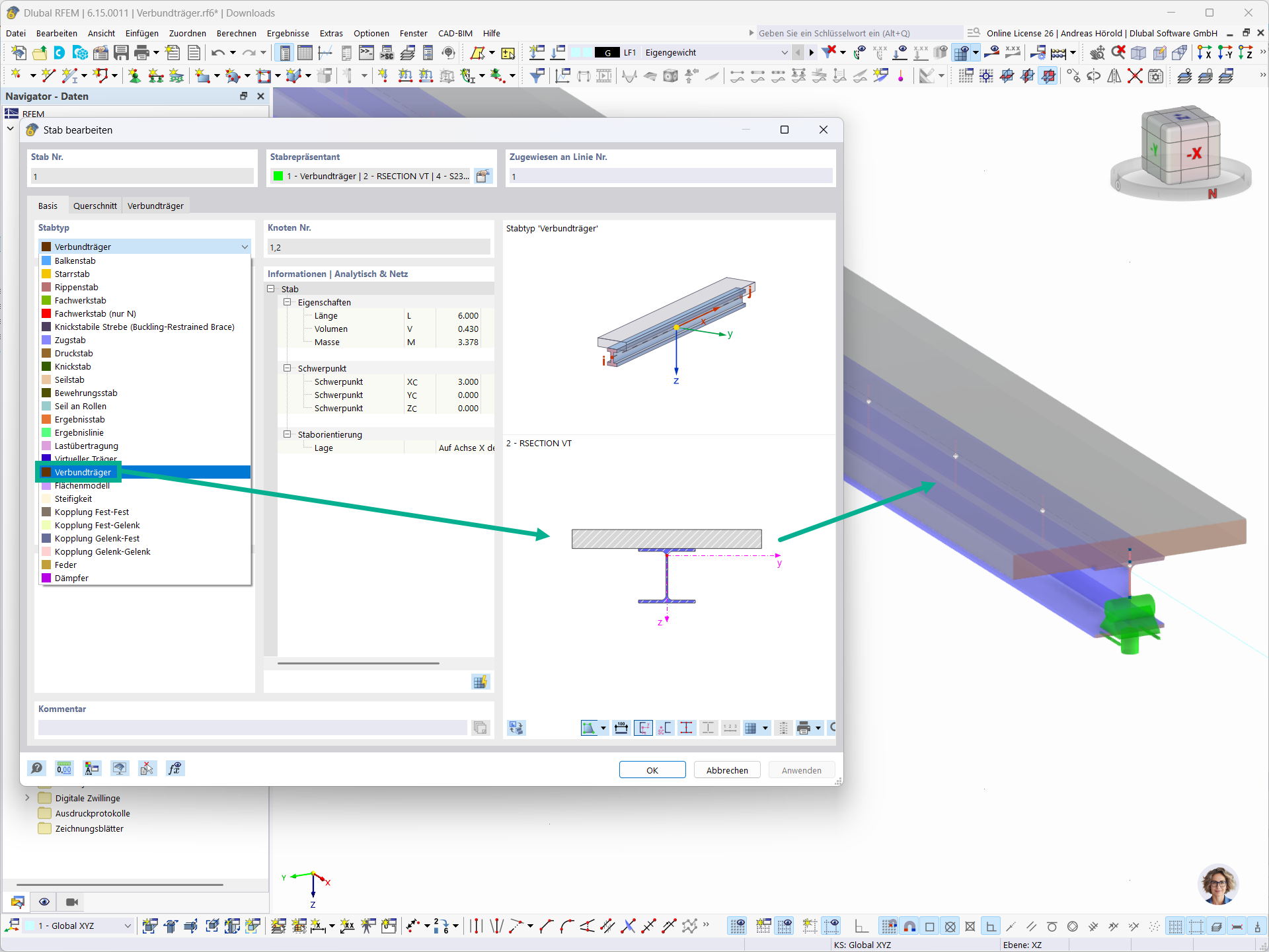 “Edit Member” dialog box in RFEM with the “Composite Beam” member type selected and a graphical display of a composite cross-section consisting of a concrete slab and a steel section