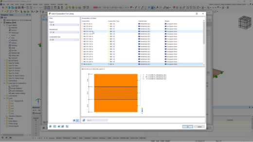 Select dialog for cross-laminated timber compositions in RFEM showing manufacturer data, layer structure, and thickness details for timber design.