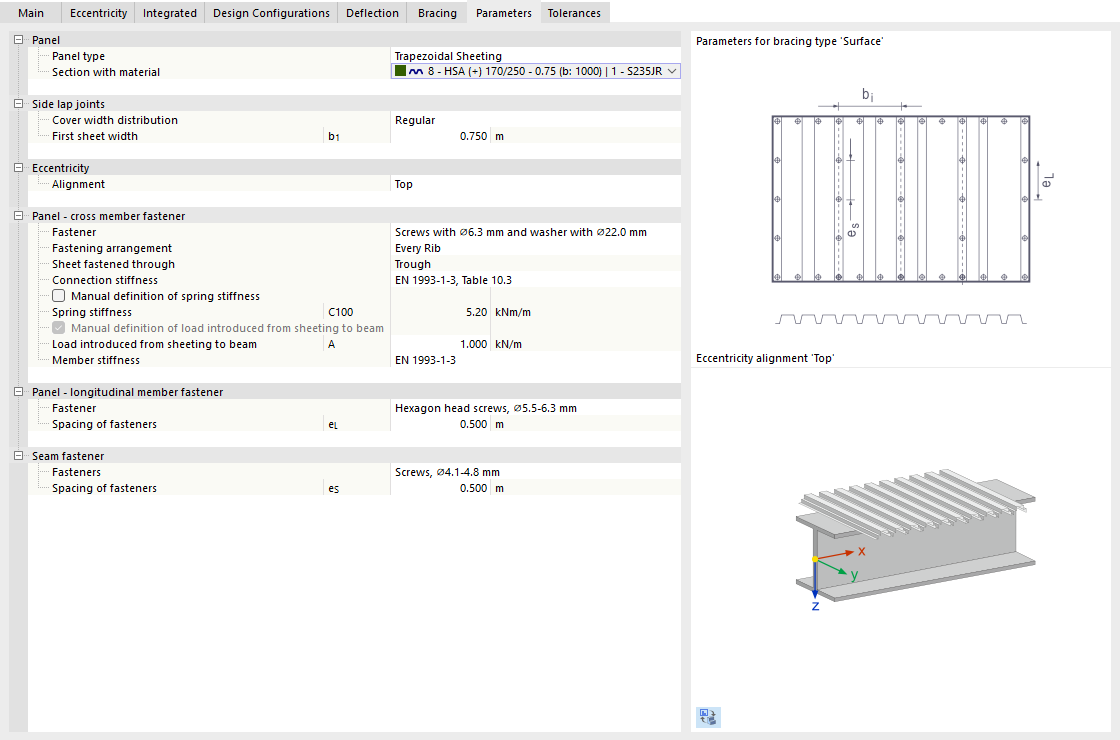 Define parameters of the bracing surface: type 'Surface'