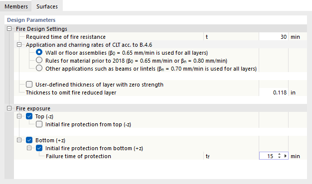 Tab 'Surfaces' for fire resistance configuration according to CSA