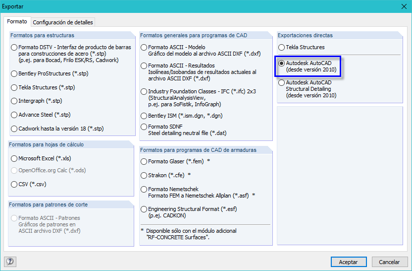 Exportación directa desde AutoCAD