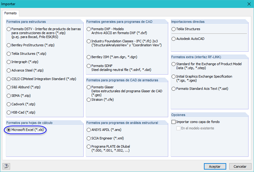 Transferencia de datos de MS Excel a RFEM 6