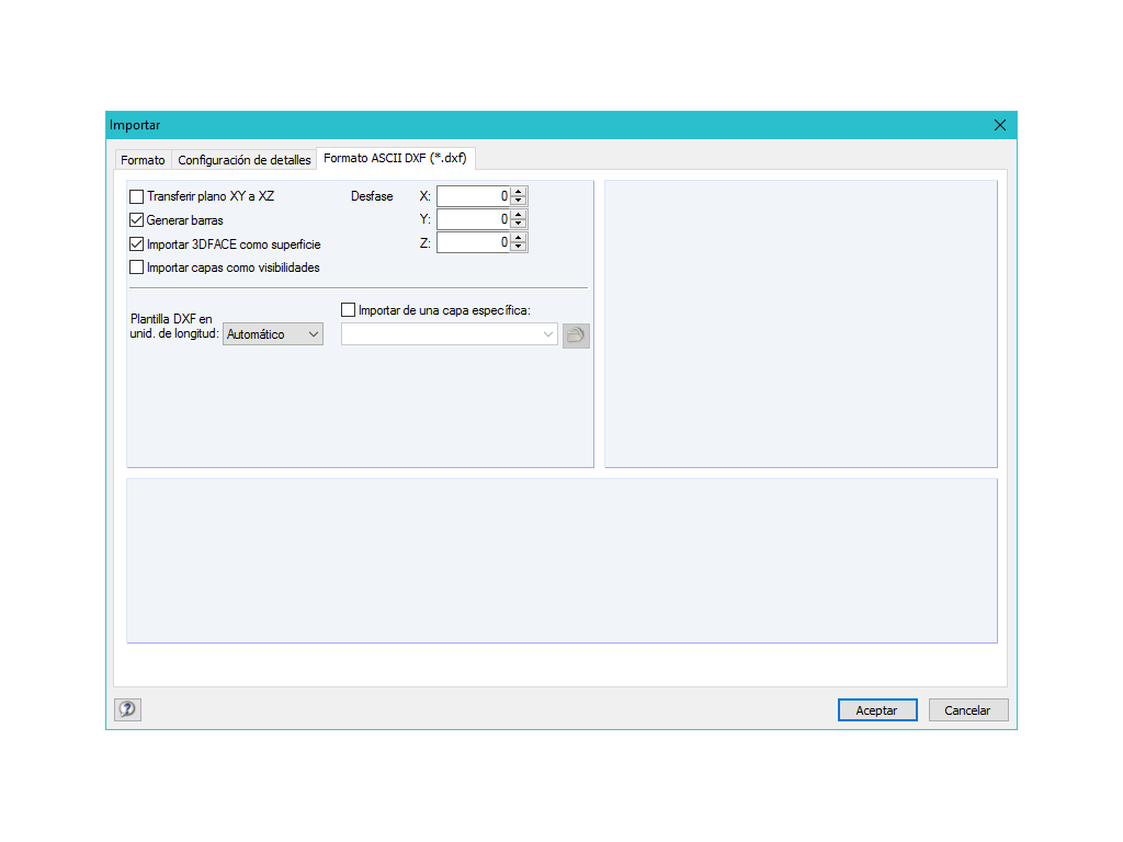 Configuración detallada para la importación de DXF