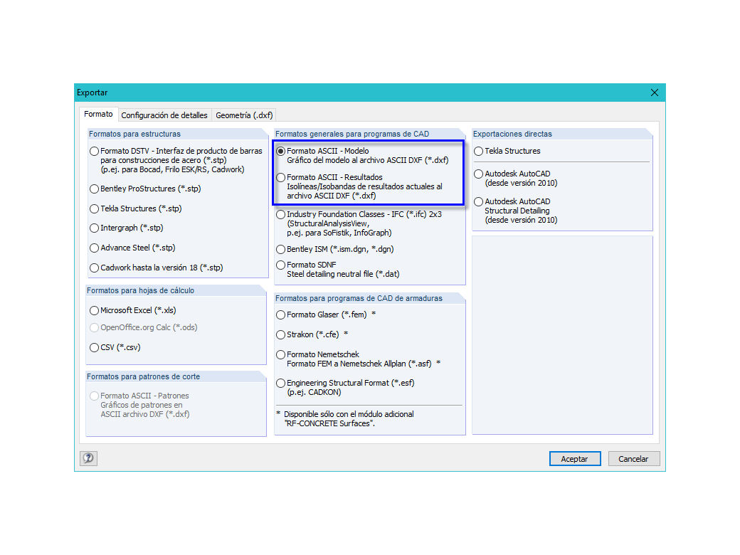 Exportación DXF de RFEM a AutoCAD