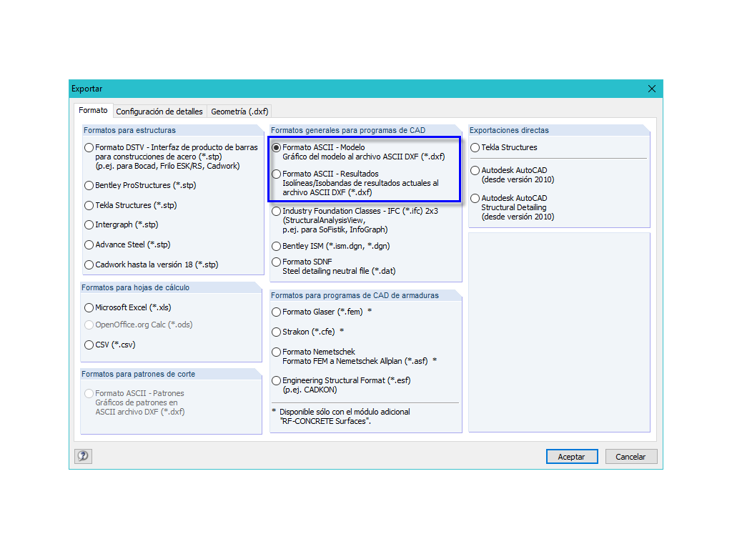 Exportación DXF de RFEM a AutoCAD
