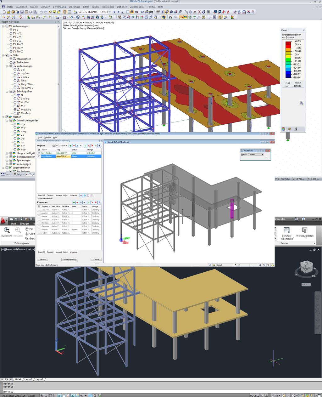 Interfaz ISM con modelo en RFEM (superior), visor ISM (medio) y ProStructure (inferior)
