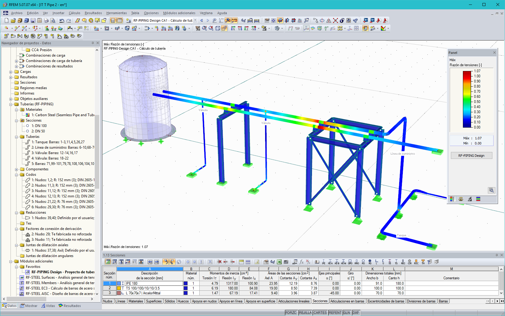 Cálculo de tuberías apoyadas en estructura de acero