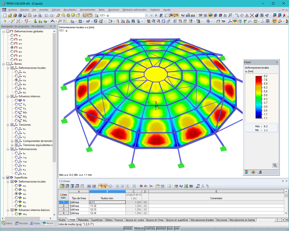 Deformaciones de cúpula de vidrio en RFEM
