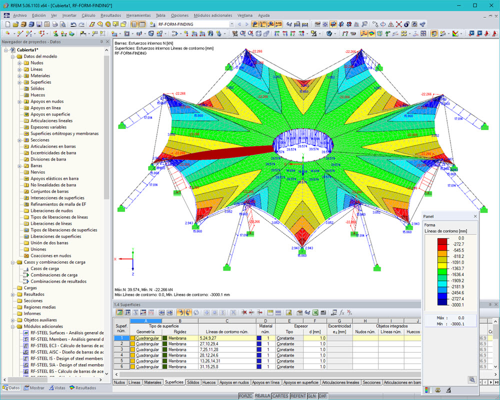 Seilzugkräfte und Konturlinien nach Formfindung in RFEM