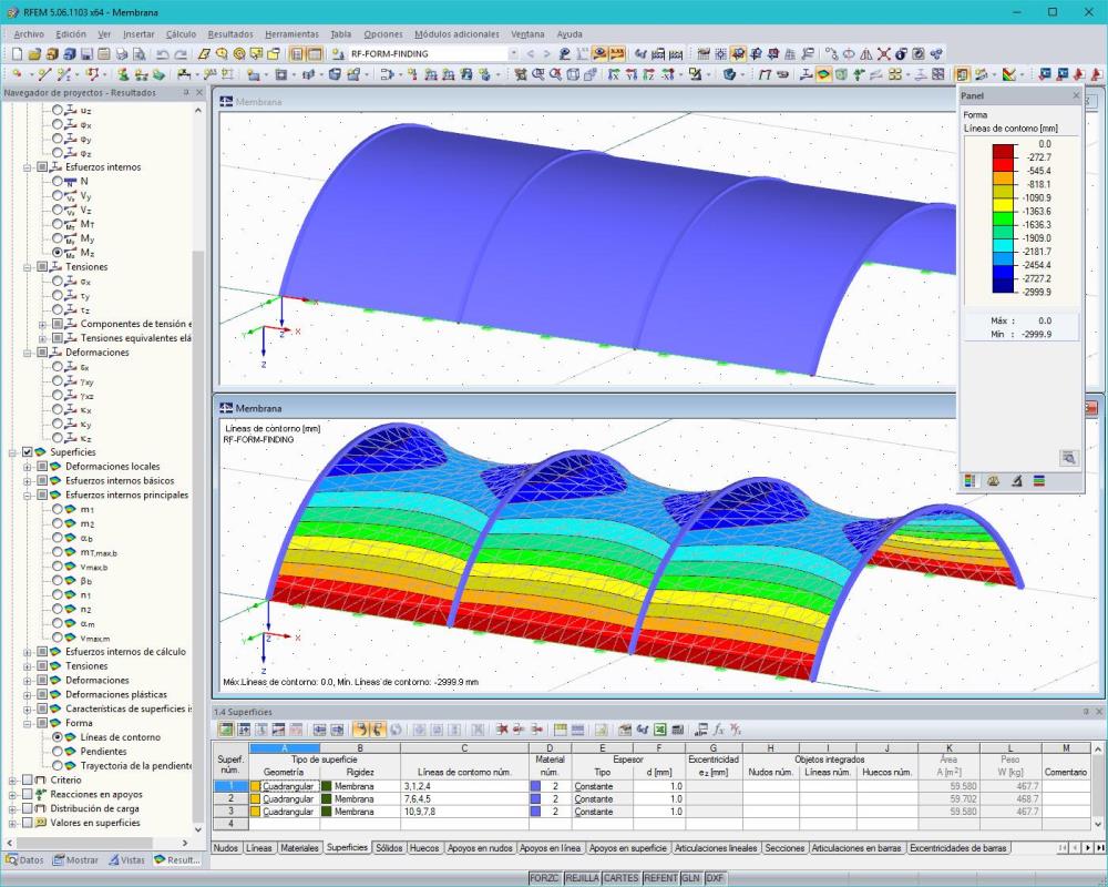 Estructura de membrana antes y después de la búsqueda de forma en RFEM