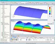 Estructura de membrana antes y después de la búsqueda de forma en RFEM