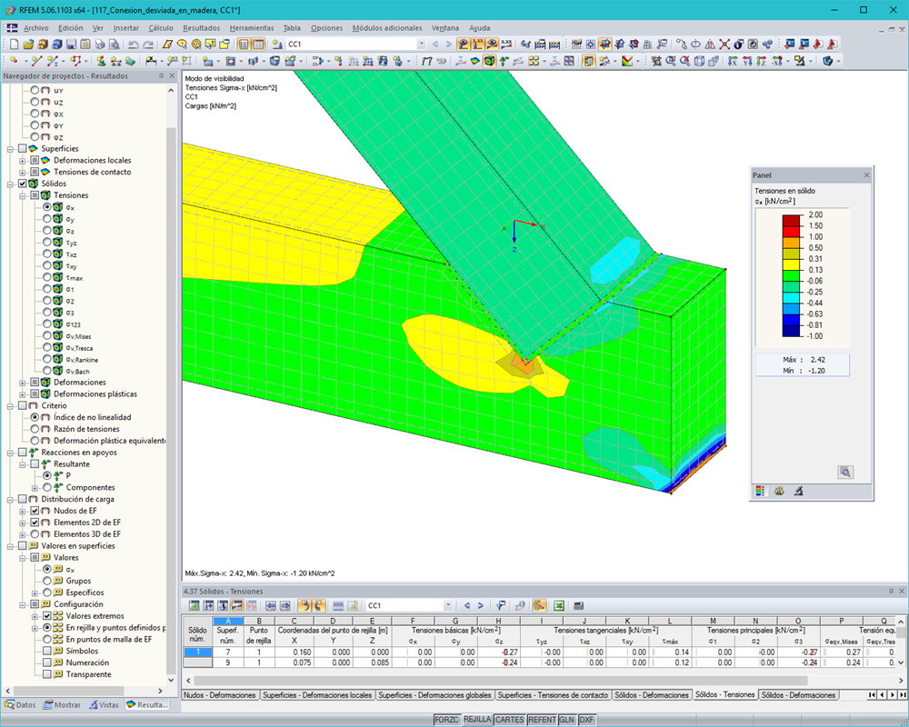 Conexión desviada en madera - Tensiones en sólidos
