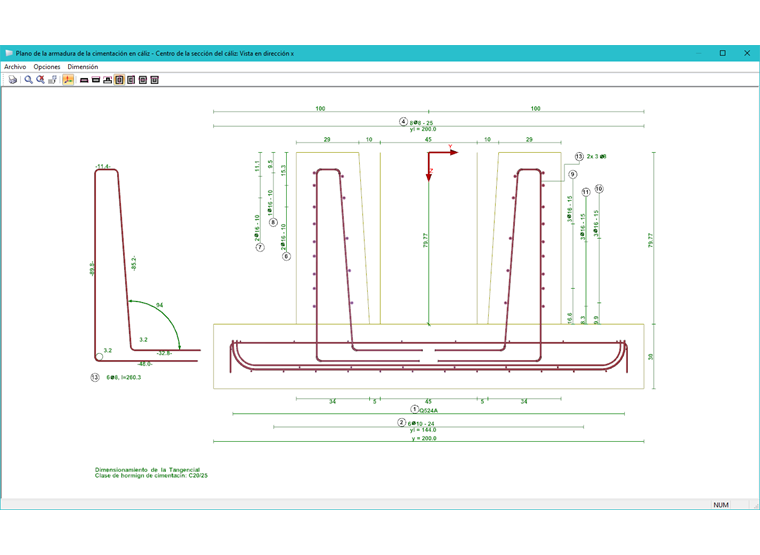 Bewehrungsplan - Schnitt Köchermitte, Blickrichtung in x