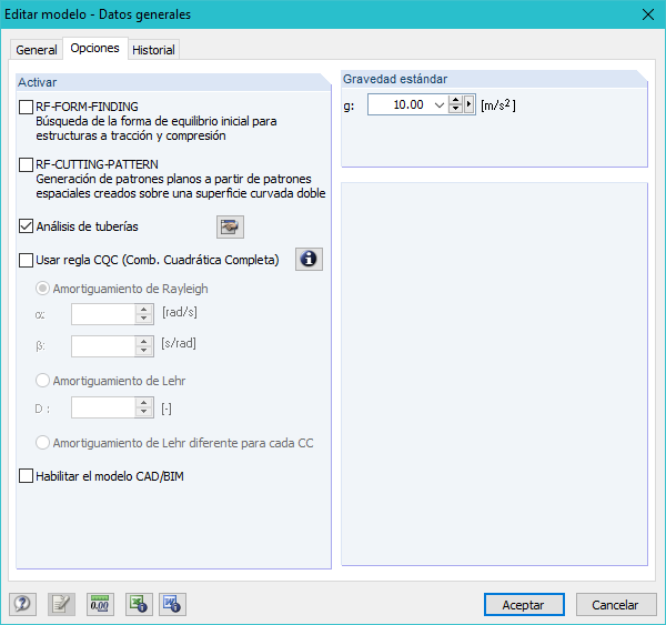 Aktivierung von RF-PIPING Base in den Modell-Basisangaben