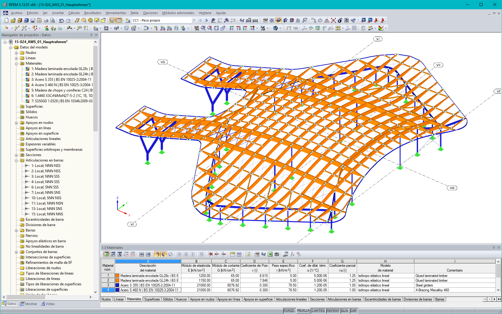 Modelo de estructura de soporte en 3D de la estación de cruce de la abadía de madera en RFEM (© enartec - ingeniería + arquitectura)