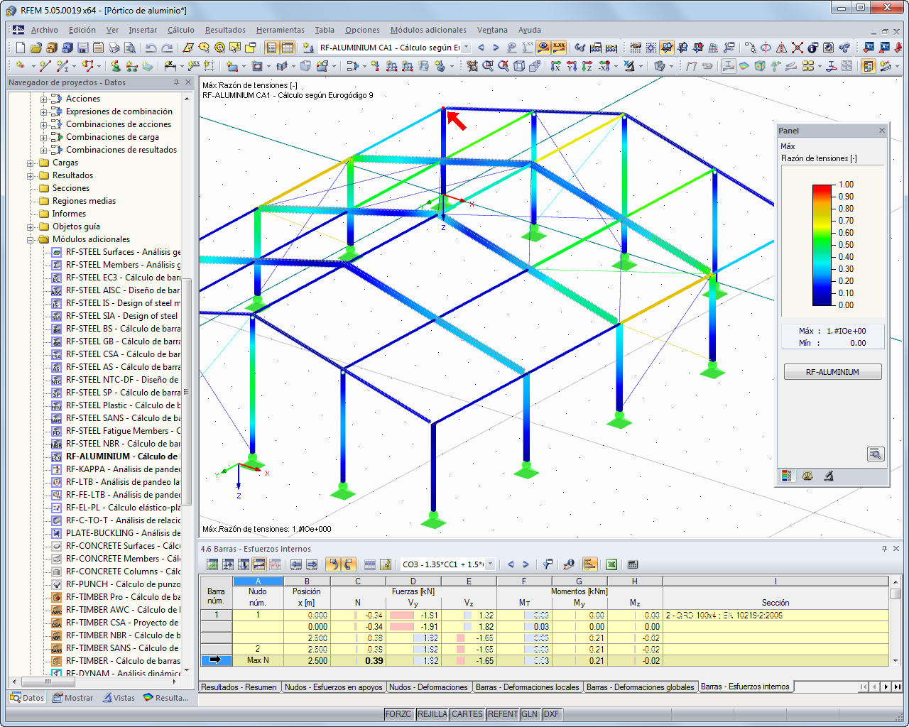 Bemessungsergebnisse von RF-ALUMINIUM im 3D-Rendering in RFEM