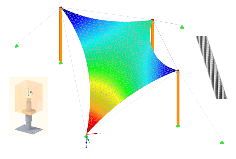 Estructura de membrana con pilares de madera y cables de tracción