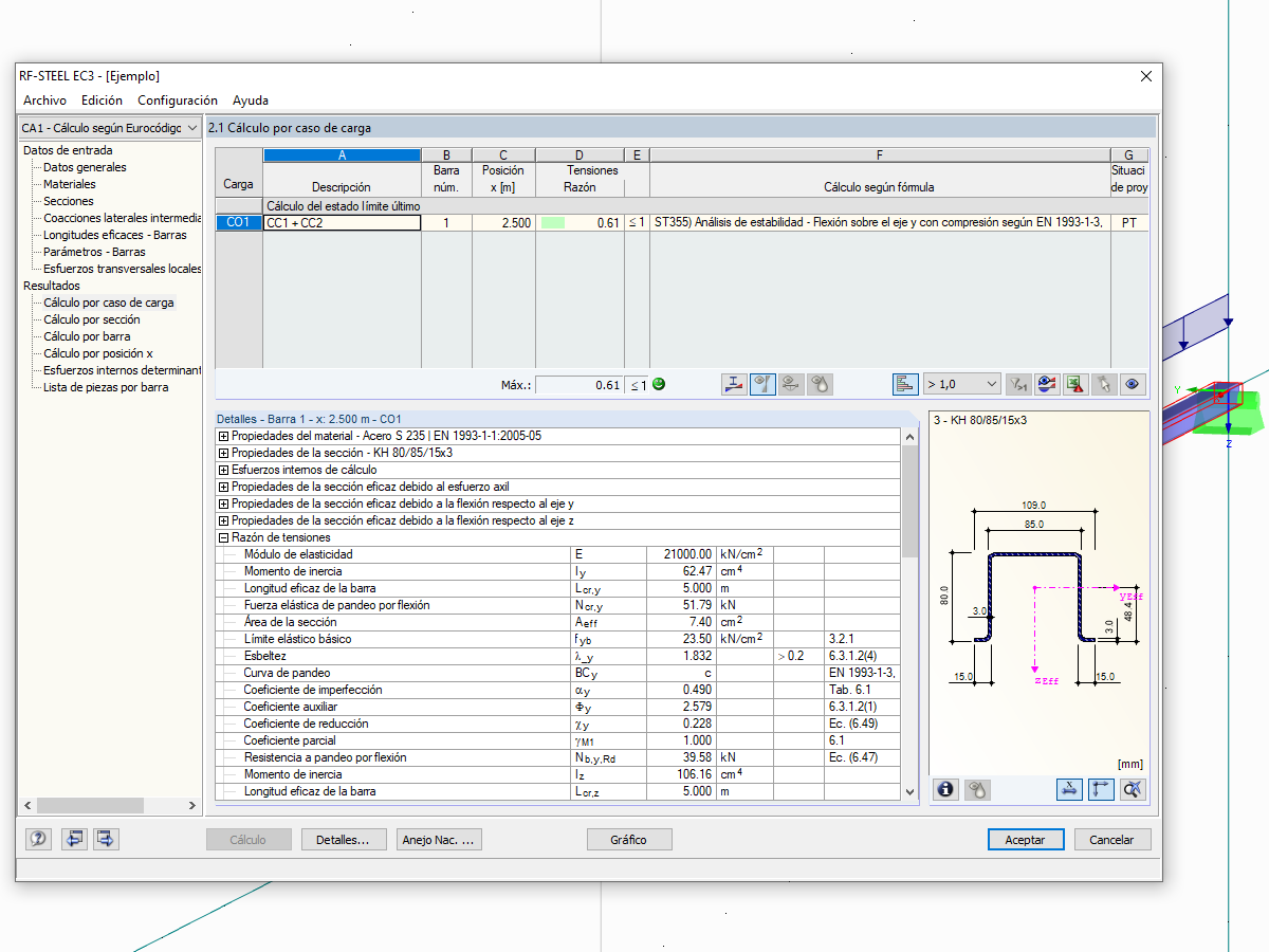 Resultados del cálculo un para perfil omega conformado en frío en RF-/STEEL EC3