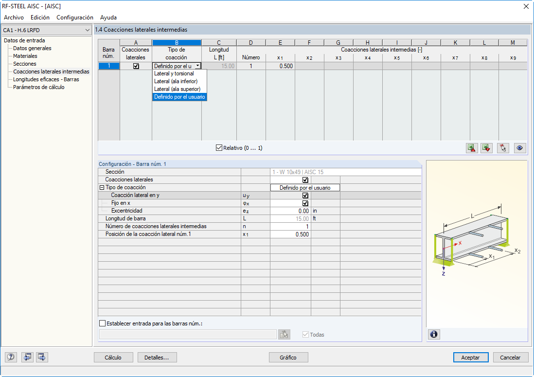 Definition von seitlichen Zwischenlagern in RF-/STAHL AISC