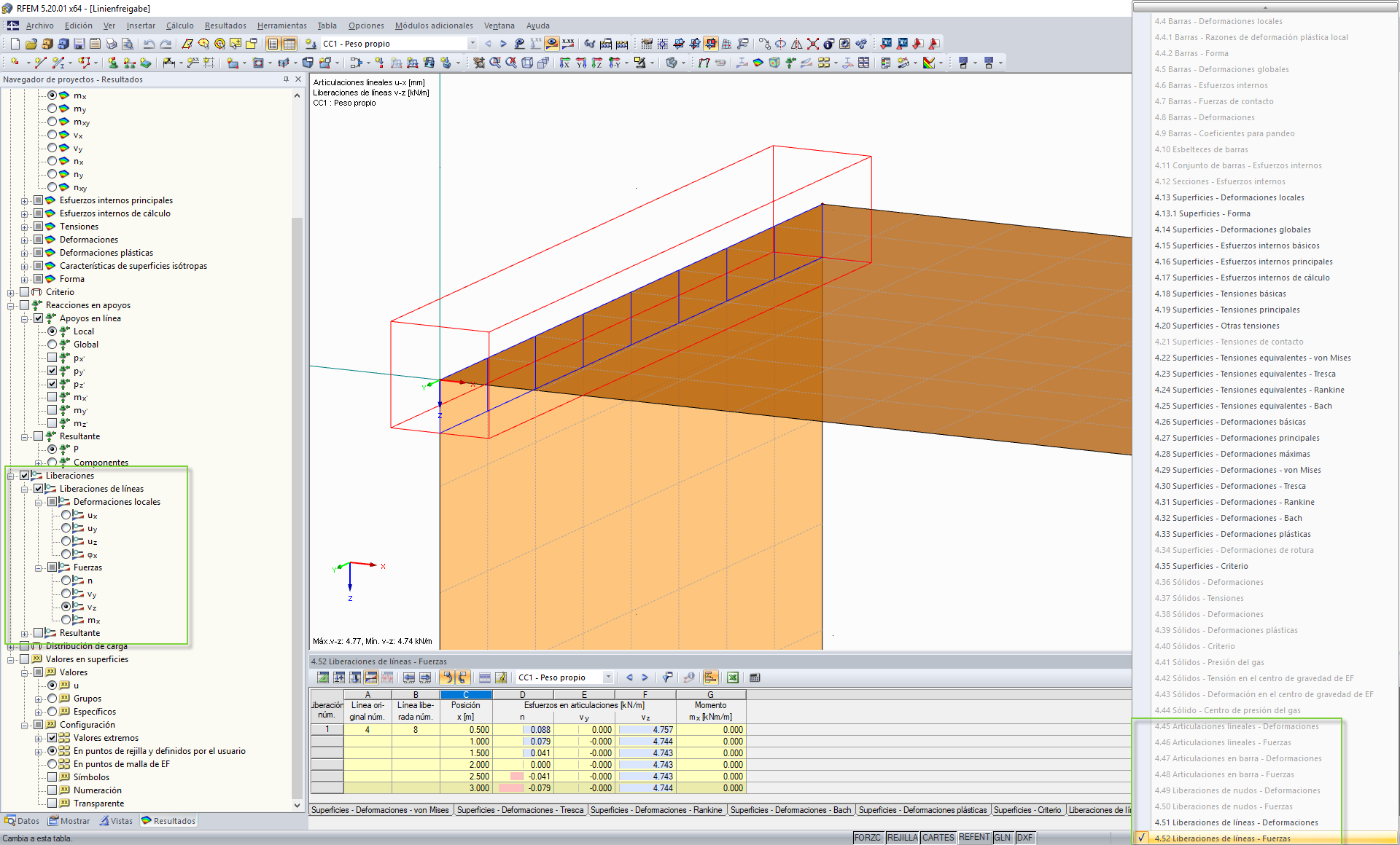 Grafische und tabellarische Ausgabe der Kräfte einer Linienfreigabe