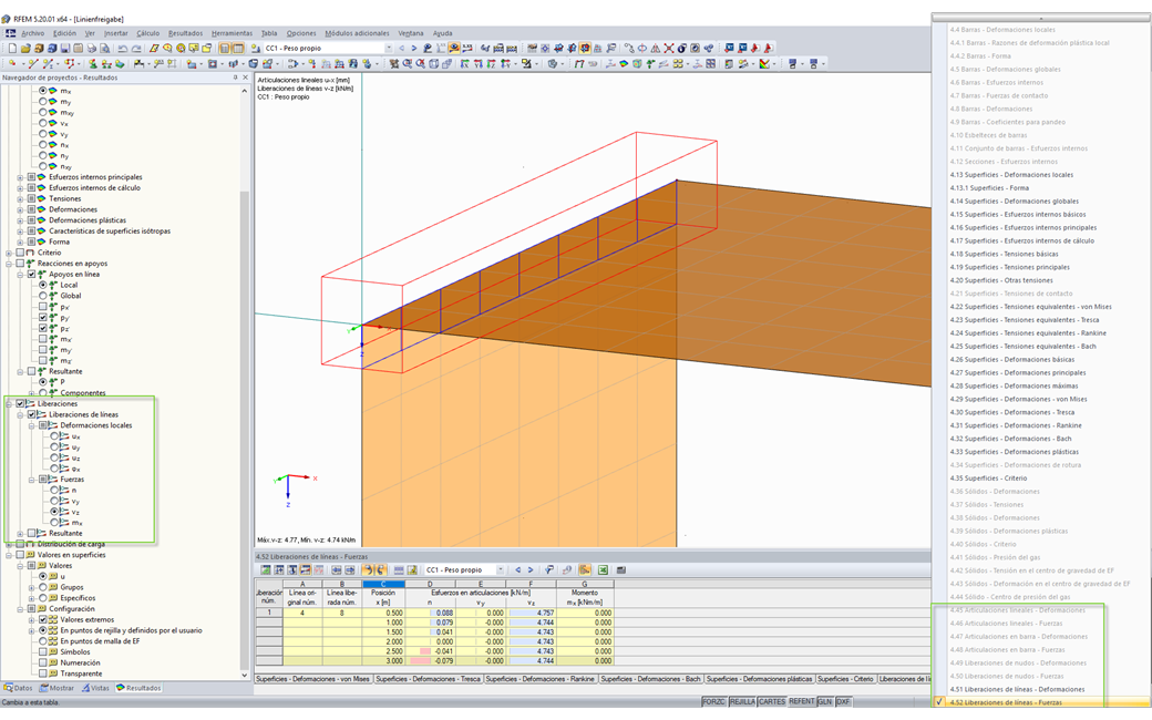 Grafische und tabellarische Ausgabe der Kräfte einer Linienfreigabe