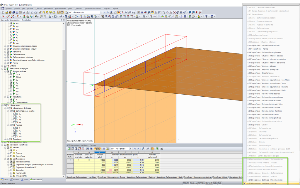 Grafische und tabellarische Ausgabe der Kräfte einer Linienfreigabe