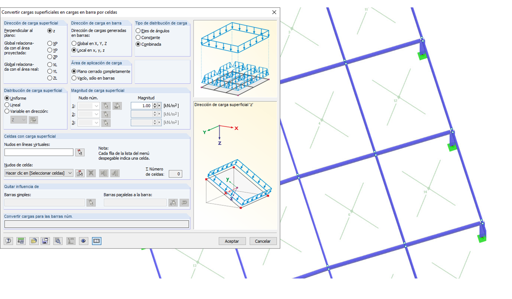convertir cargas superficiales en cargas en barra por medio de celdas