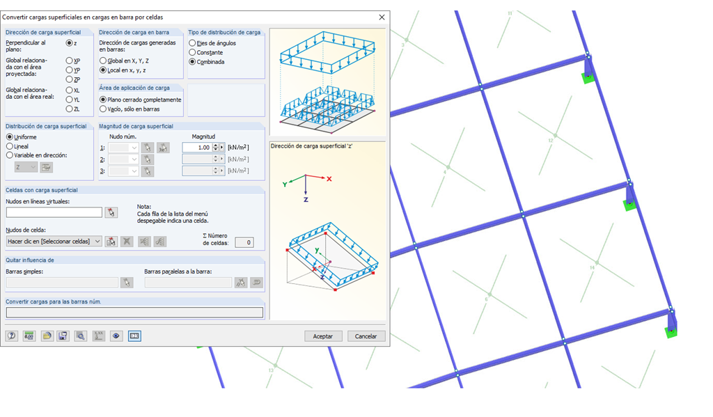 convertir cargas superficiales en cargas en barra por medio de celdas