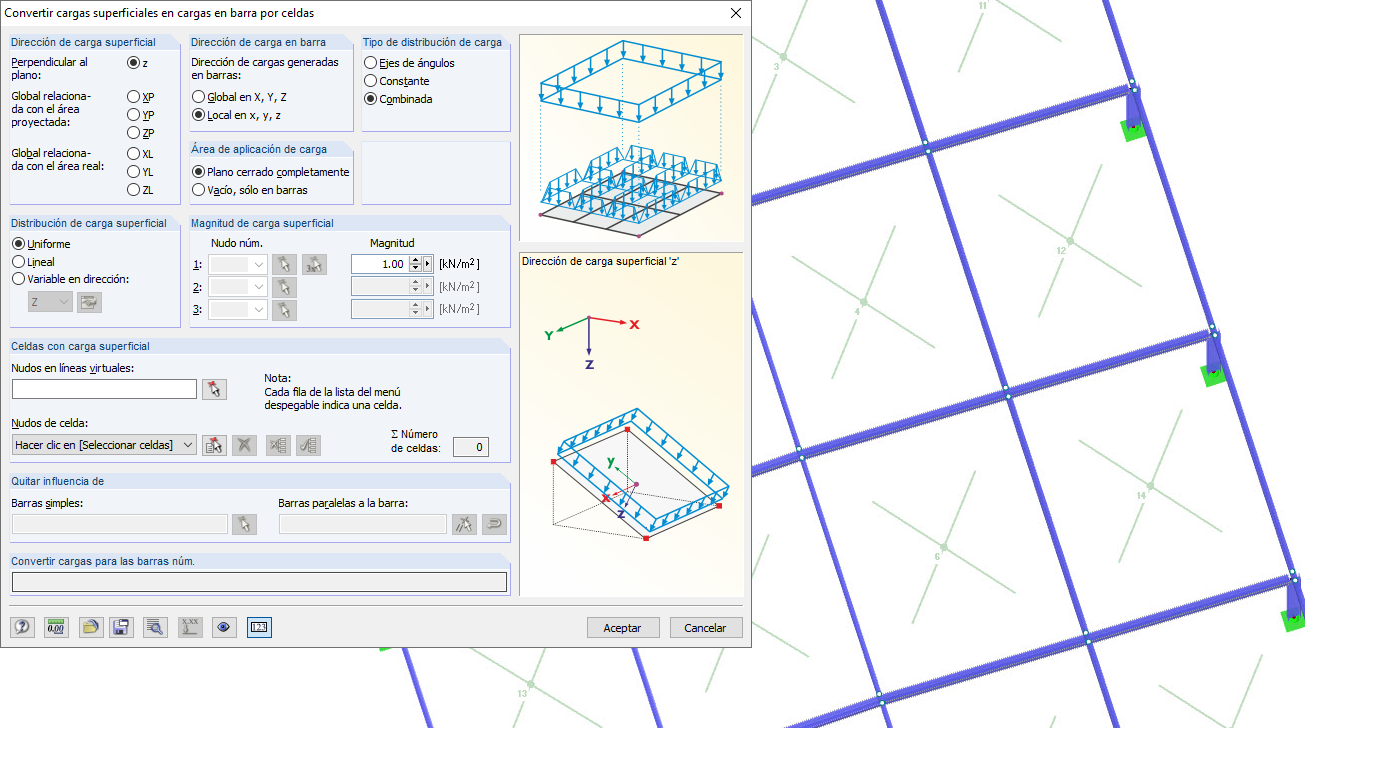 convertir cargas superficiales en cargas en barra por medio de celdas
