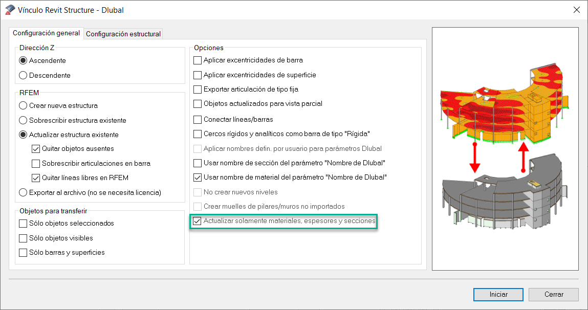 Exportoption "Nur Materialien, Dicken und Querschnitte aktualisieren
