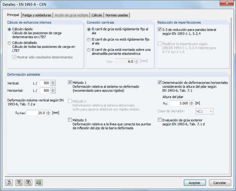 Configuración detallada para el cálculo del carril de grúa