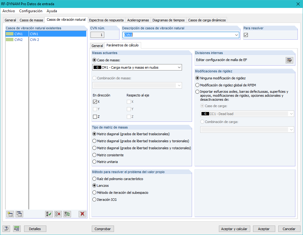 Berechnungsparameter für Eigenschwingungsfälle