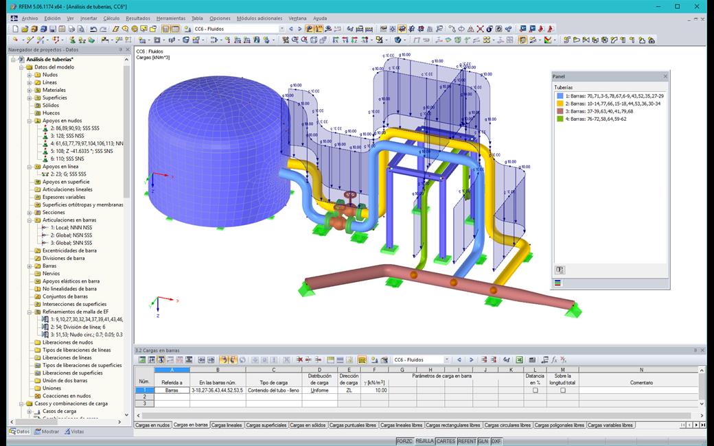 Representación gráfica de tuberías con cargas en RFEM