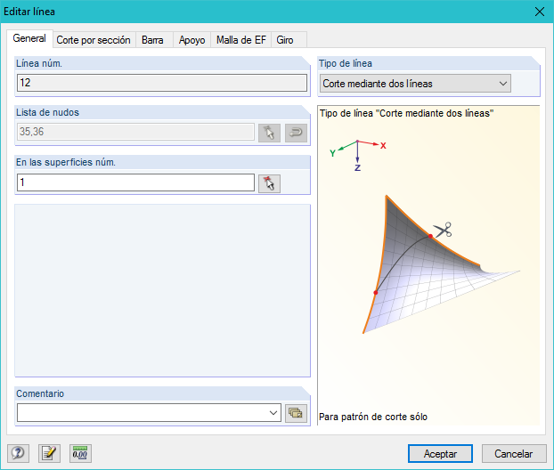 Zerlegung einer Membranfläche mit Hilfe des Linientyps "Schnitt mittels zwei Linien"