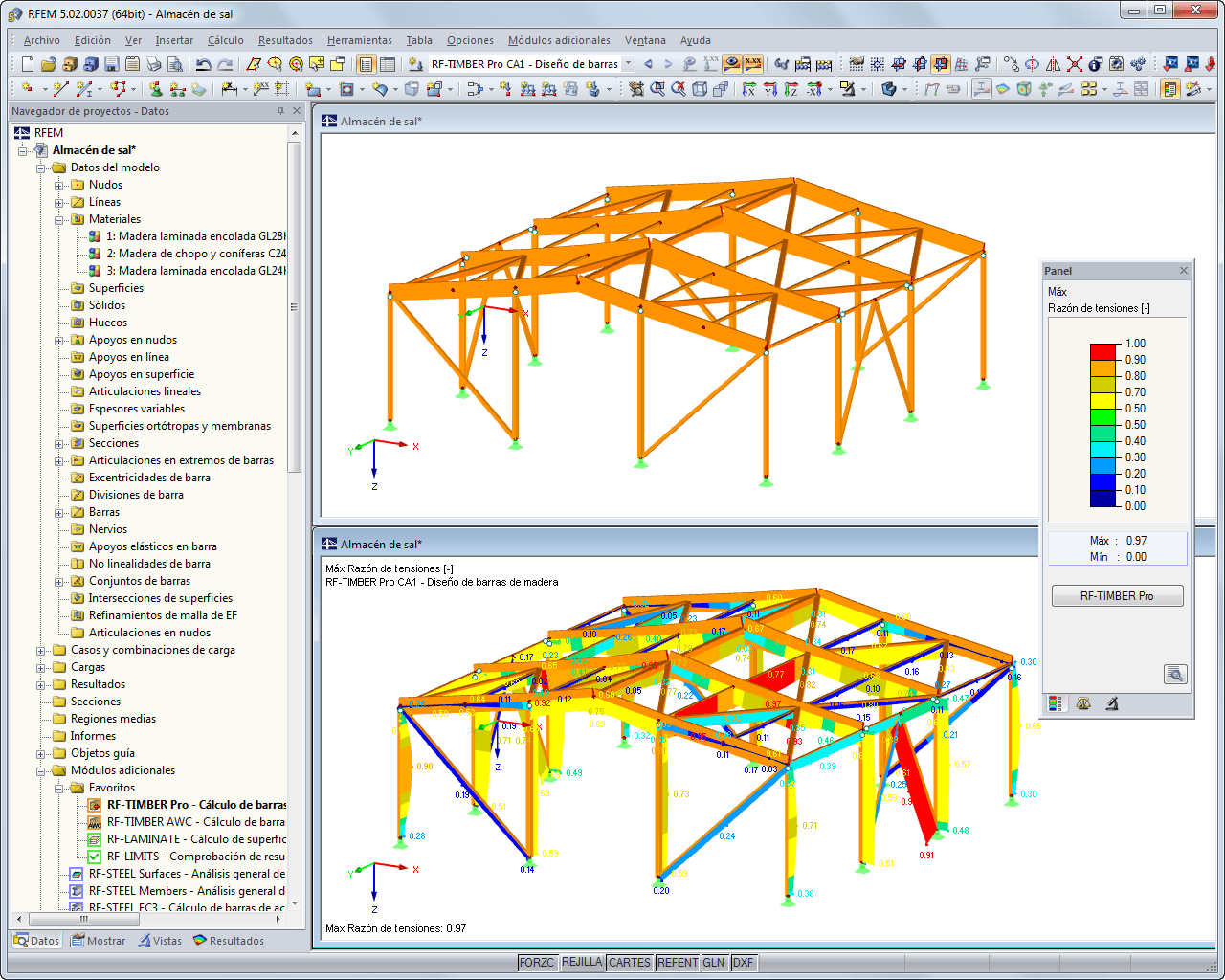 Representación gráfica del modelo de madera con razón de tensiones