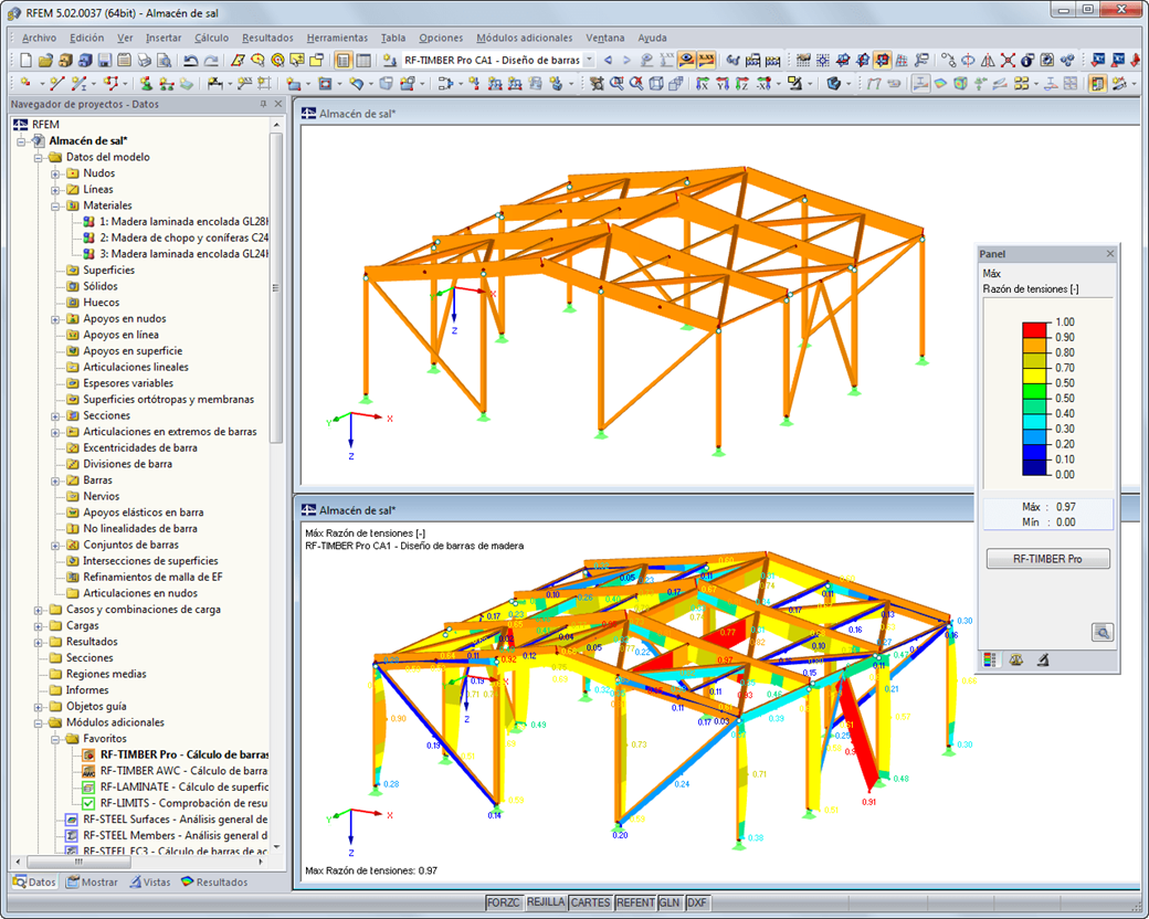 Representación gráfica del modelo de madera con razón de tensiones