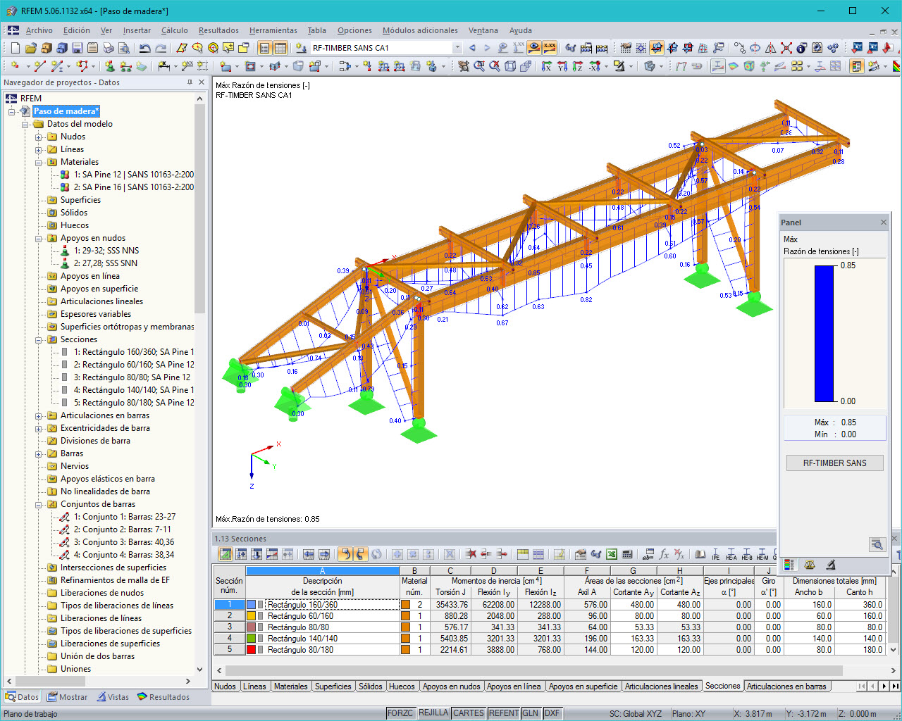 Visualización gráfica de los resultados del cálculo de RF-/TIMBER SANS en RFEM