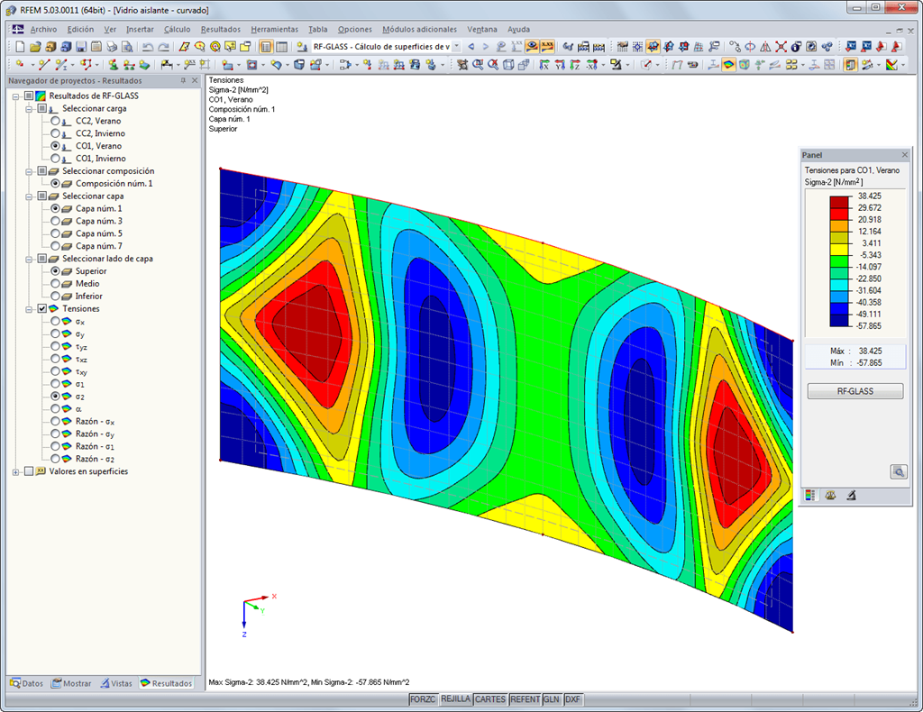 Resultados en el gráfico de RFEM - Tensiones