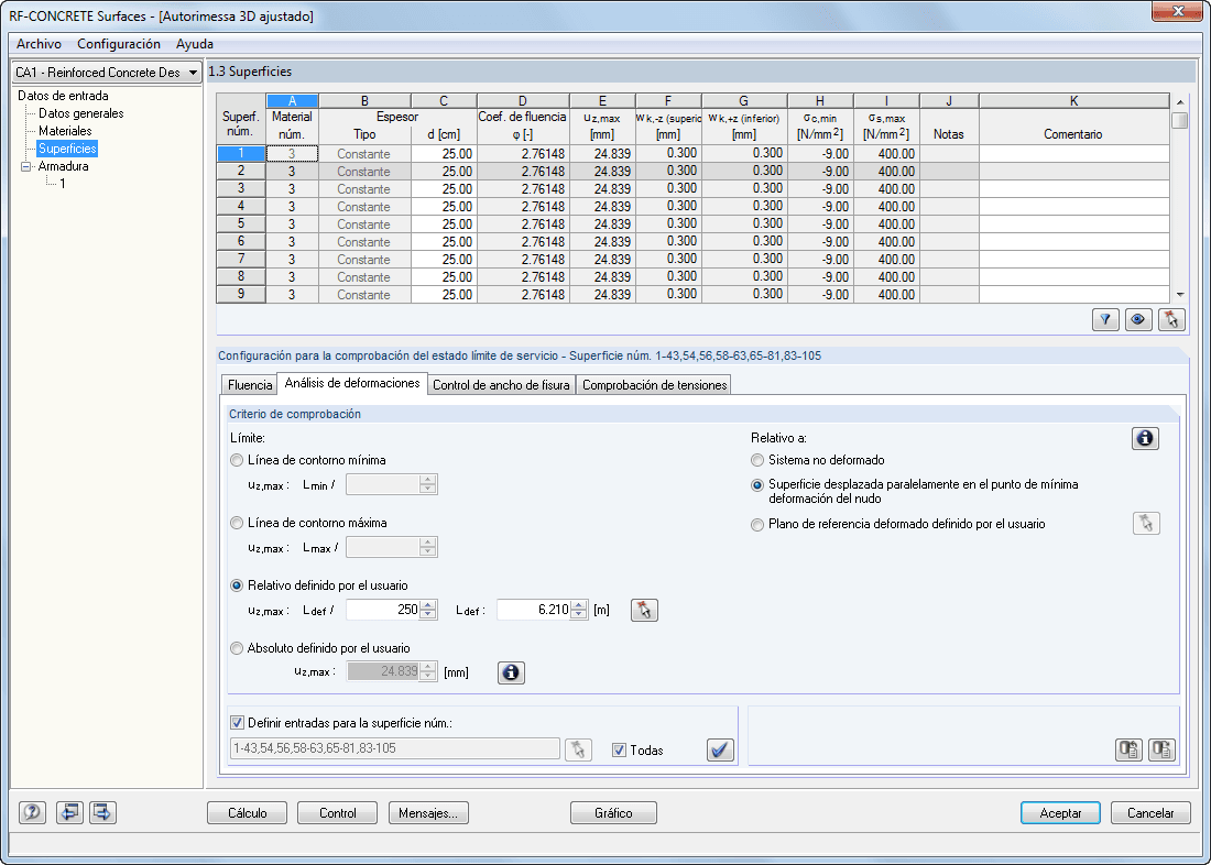 Propiedades del material para el cálculo no lineal