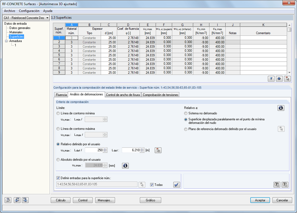 Propiedades del material para el cálculo no lineal