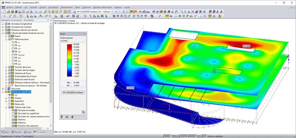 Representación gráfica de resultados en RFEM con deformación en el estado II