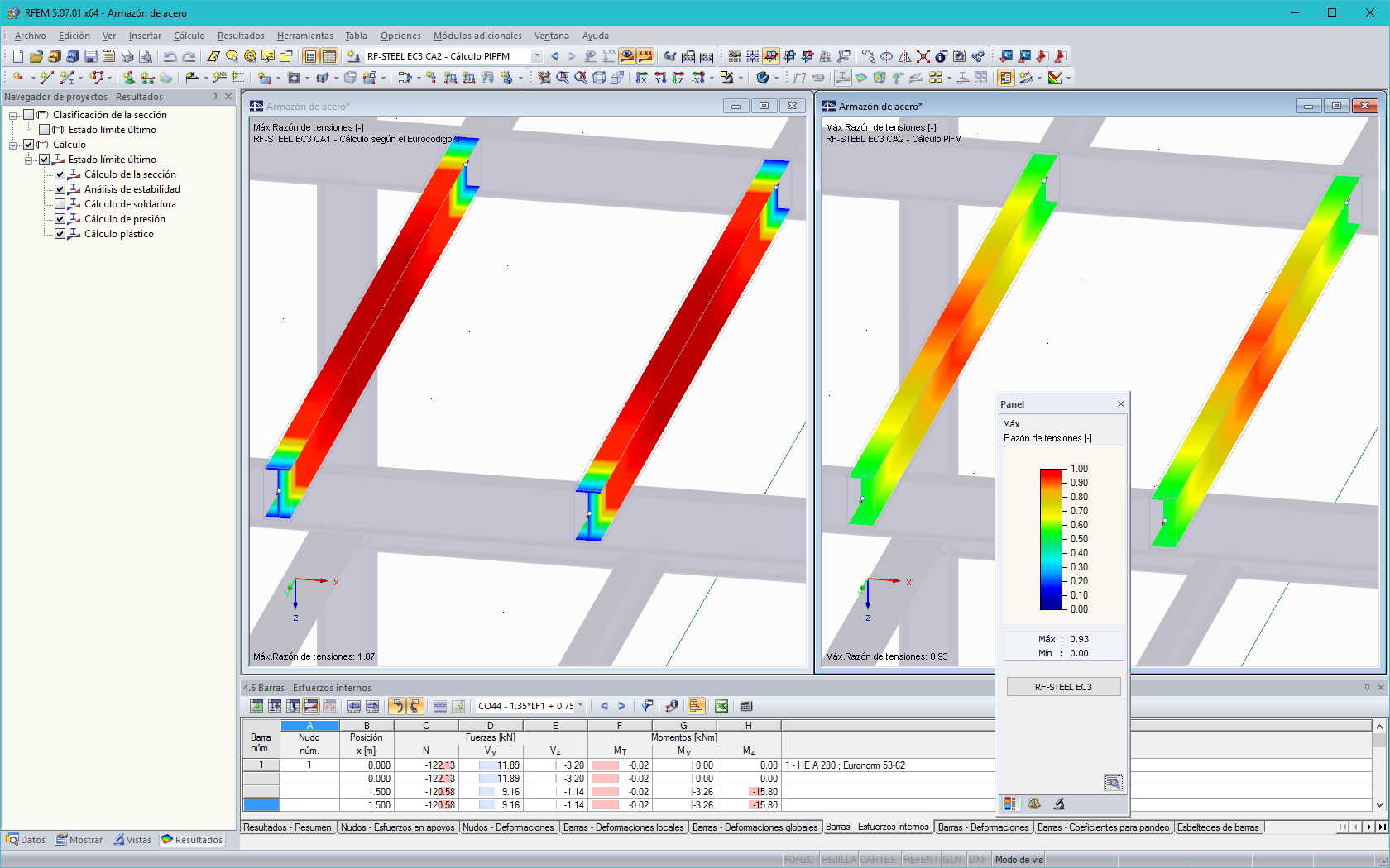 Cálculo de aceros en RFEM sin (izquierda) y con (derecha) plasticidad RF-STEEL