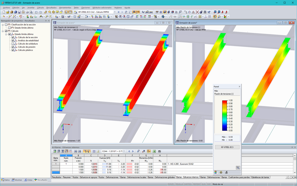Cálculo de aceros en RFEM sin (izquierda) y con (derecha) plasticidad RF-STEEL