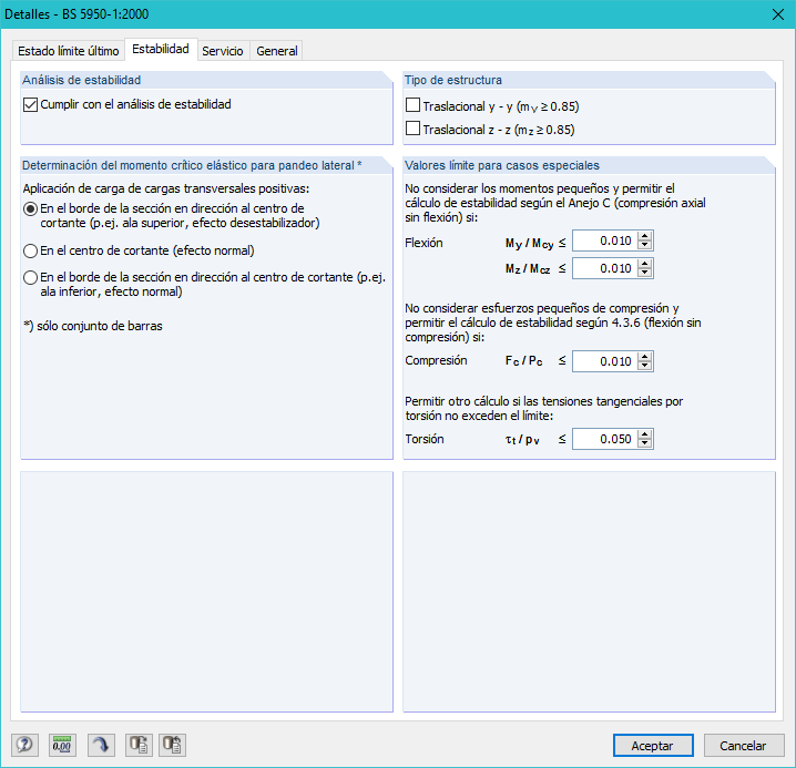 Detaileinstellungen zur Bemessung