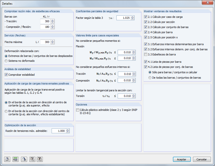 Detaileinstellungen zur Bemessung