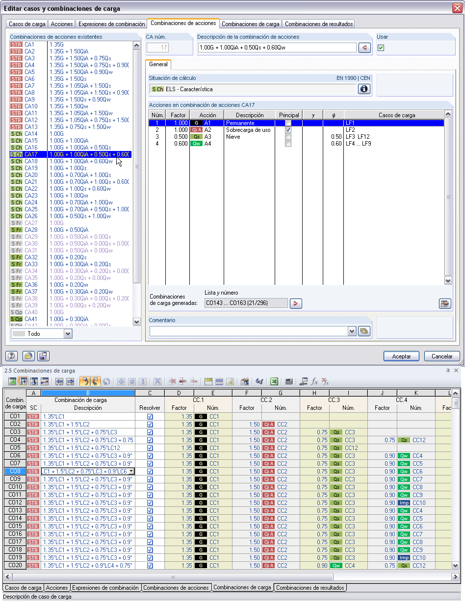 Kombinatorik-Dialog und Tabelle 2.5 Lastkombinationen