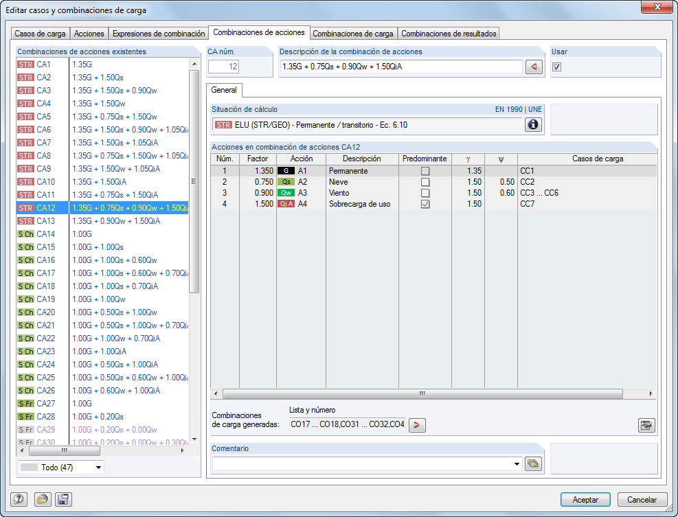 Einwirkungen in den generierten Einwirkungskombinationen