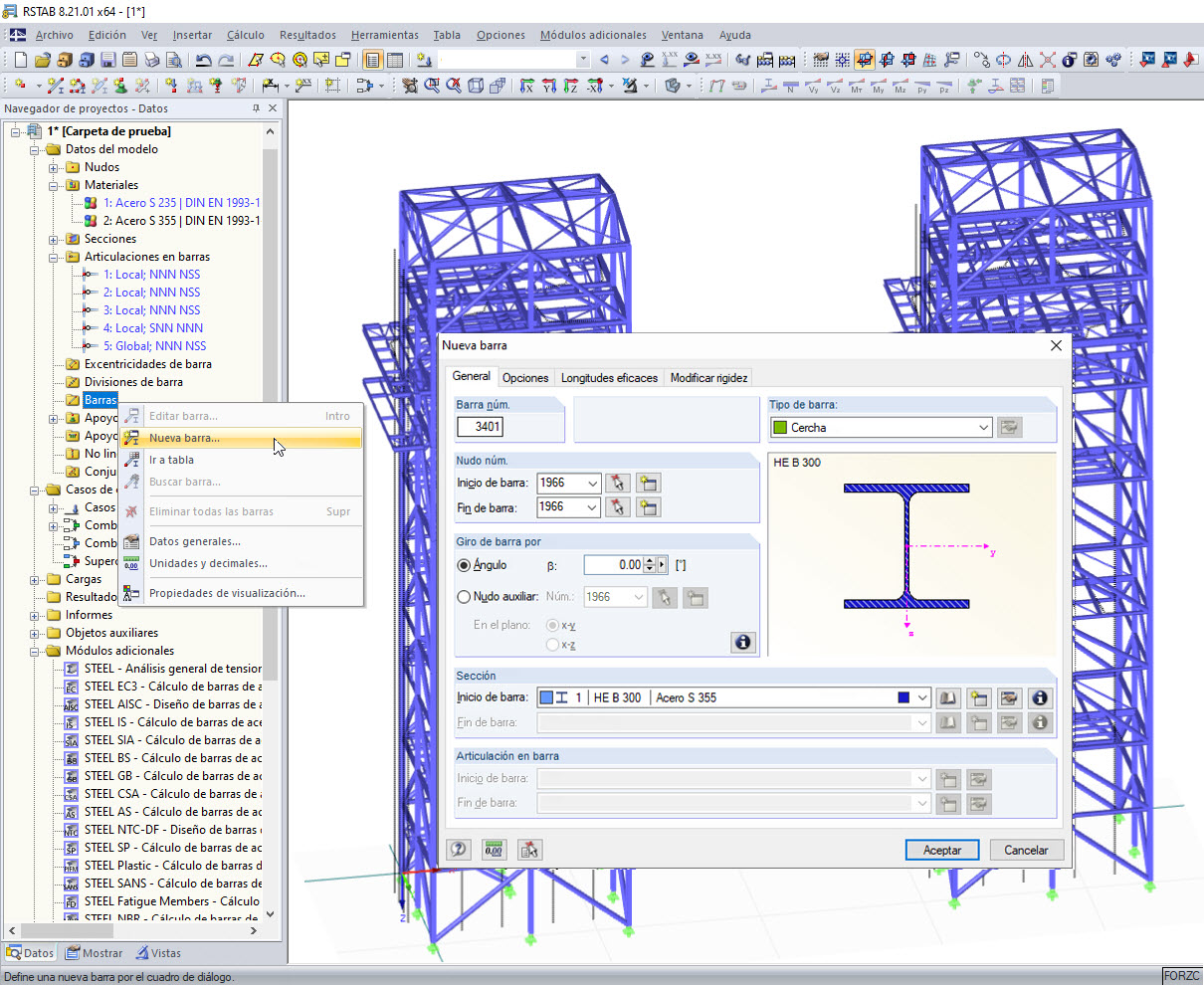 Menú contextual en el navegador para la inserción de una nueva barra