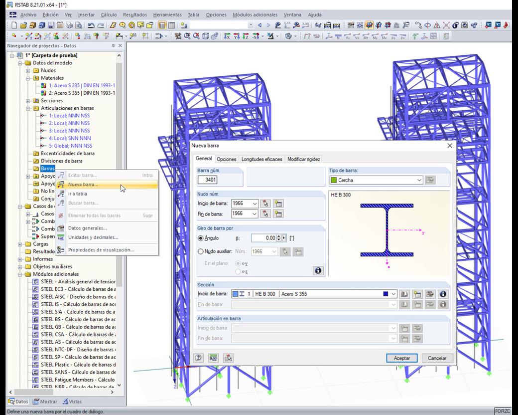 Menú contextual en el navegador para la inserción de una nueva barra